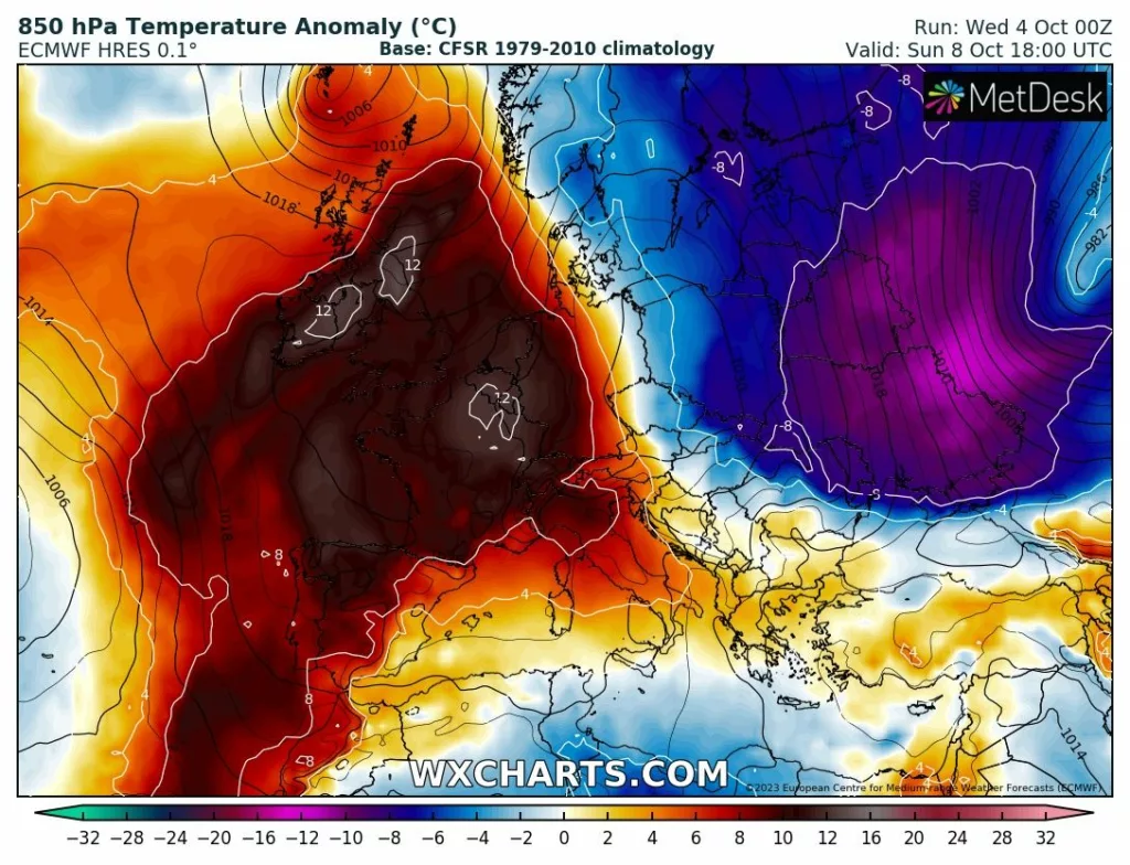 L'anomalie des températures s'annonce importante en altitude avec plus de 12°C d'excédent vers 1500m.