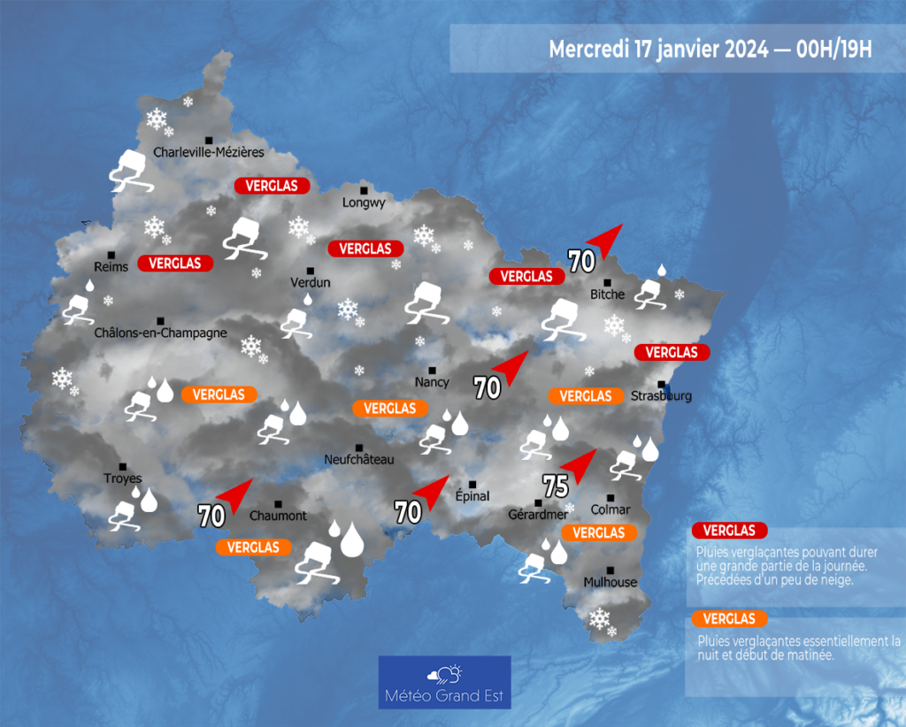 Épisode de verglas et neige annoncé entre Alsace, Champagne-Ardenne et Lorraine.