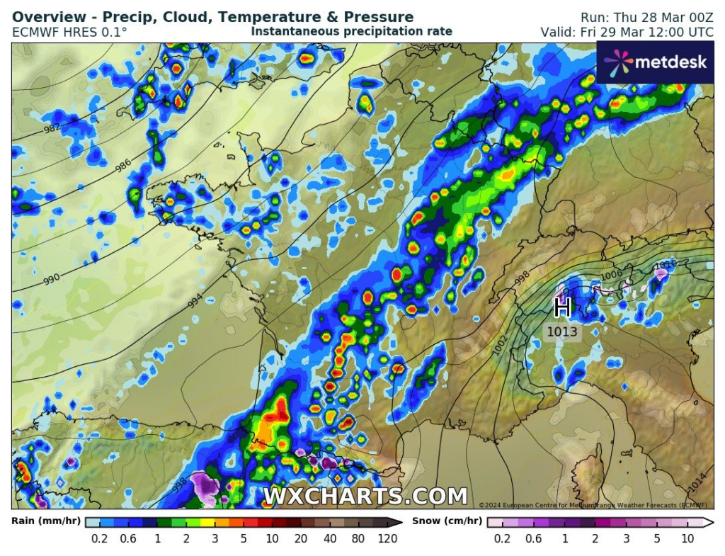 Les pluies pourront prendre un caractère orageux. Modèle ECMWF via www.wxcharts.com.