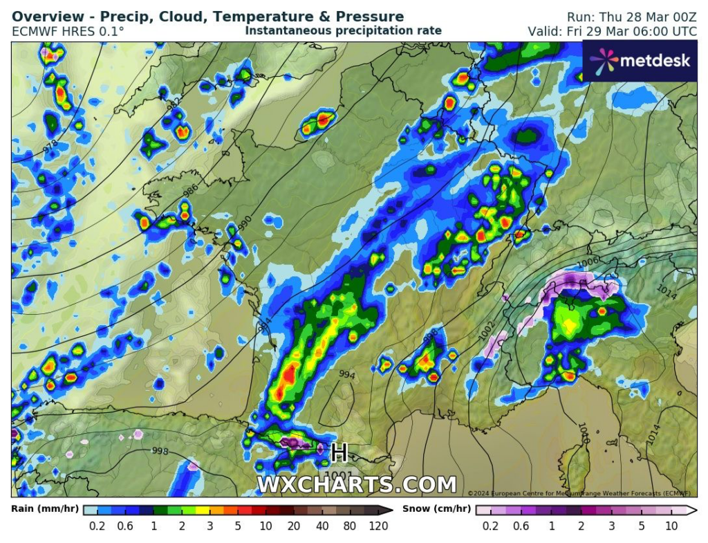 La journée de vendredi s'annonce très pluvieuse. Modèle ECMWF via www.wxcharts.com.
